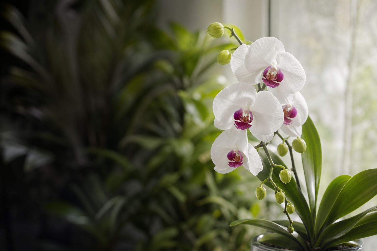 Phalaenopsis orchid plant with white blooms